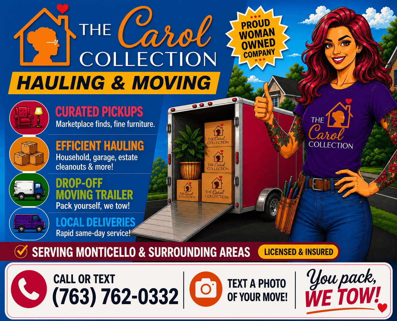 Advertisement for The Carol Collection featuring a tattooed woman and a loaded moving trailer.